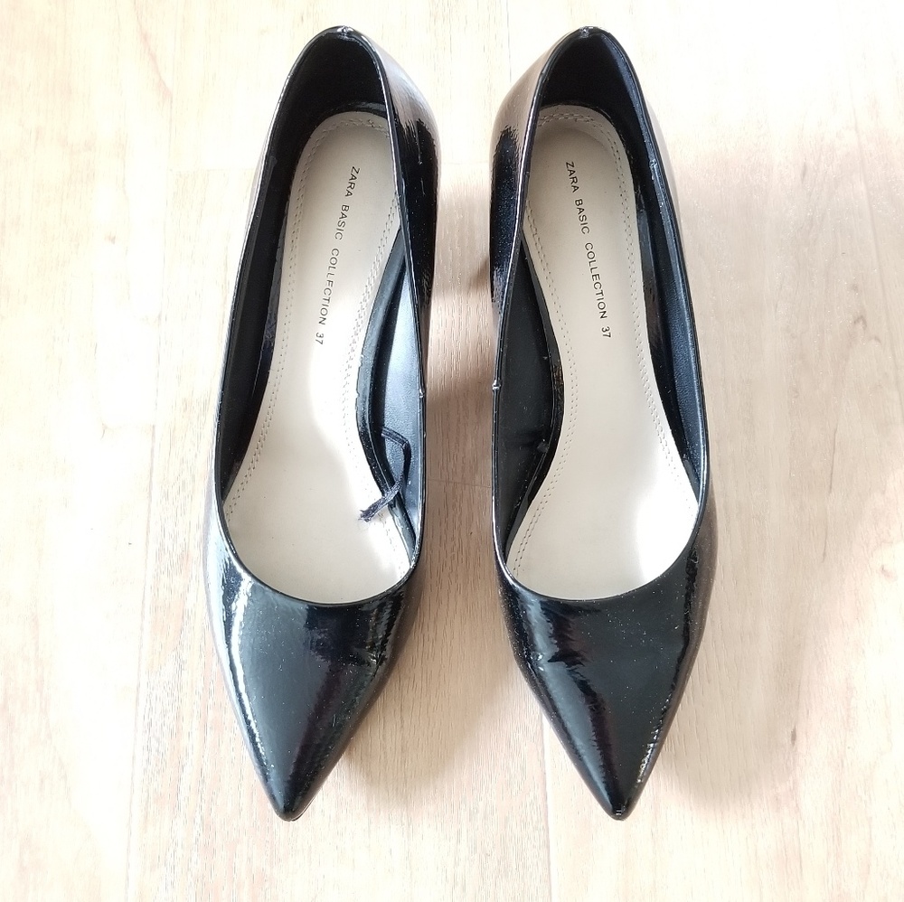 Zara Chunky Block Pointy Toe Heels Patent Leather